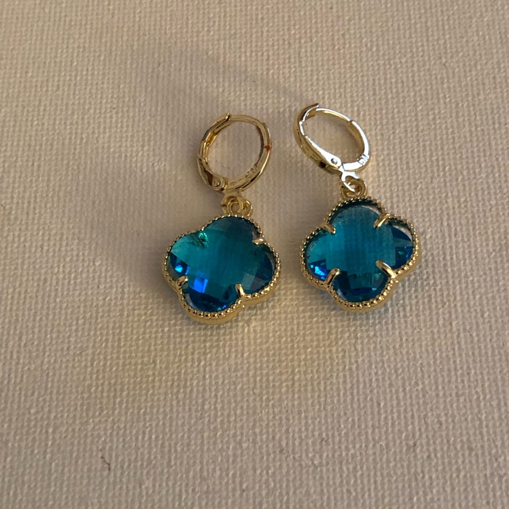 Gold-Tone Blue Clover Drop Earrings